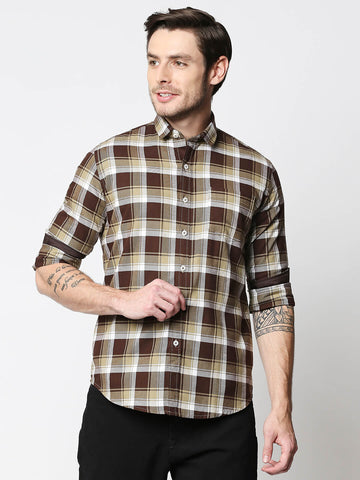 The Manaca Checkered Casual Full Sleeves Shirt-Brown Khaki Checks