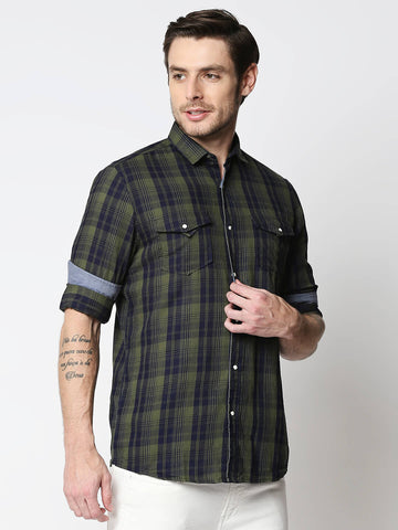 The Manaca Checkered Casual Full Sleeves Shirt-Olive Black Checks